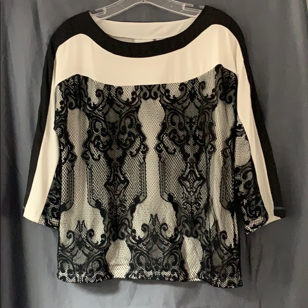 Chico’s cream and black lace overlay top